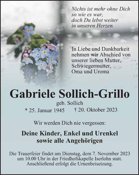 Traueranzeigen Von Gabriele Sollich Grillo Trauer In Nrw De