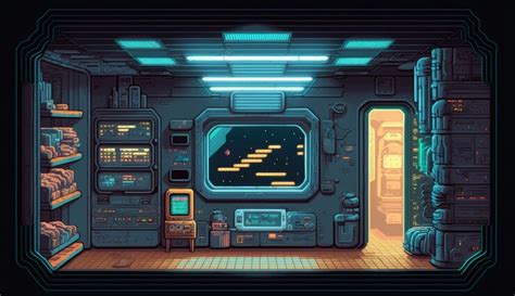 Premium Photo Pixel Art Space Station Interior Neon Lighting Diorama