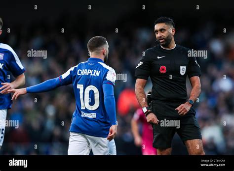 Referee Sunny Gill Talks To Ipswich Town S Conor Chaplin During The Sky