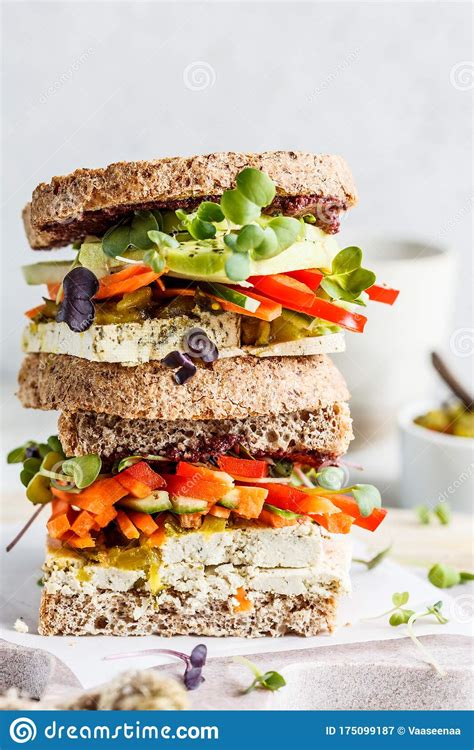 Vegan Sandwiches With Tofu Pepper Carrot Hummus And Green Dressing