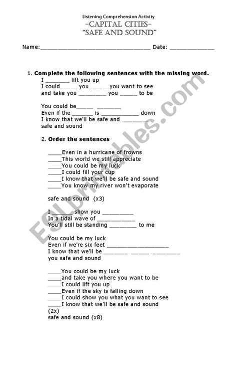 Listening Comprehension Listening To A Song Esl Worksheet By Cachi