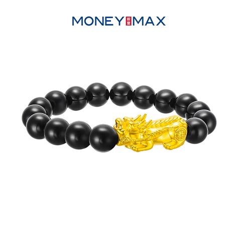 999 Pure Gold Pixiu Bracelet With Black Beads 6 16mm Agate Moneymax