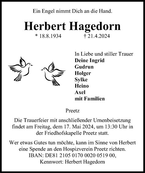 Traueranzeigen Von Herbert Hagedorn Trauer Anzeigen De