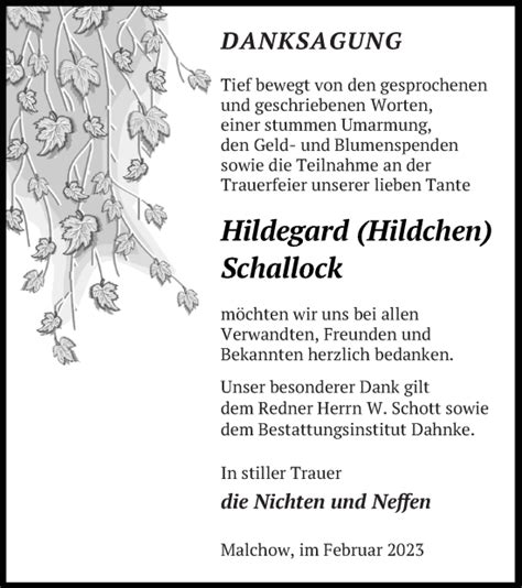 Traueranzeigen Von Hildegard Schallock Trauer Nordkurier