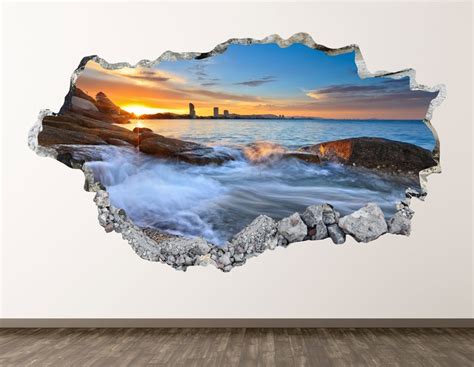 Beach Sunrise Wall Decal Ocean 3d Smashed Wall Art Sticker Etsy