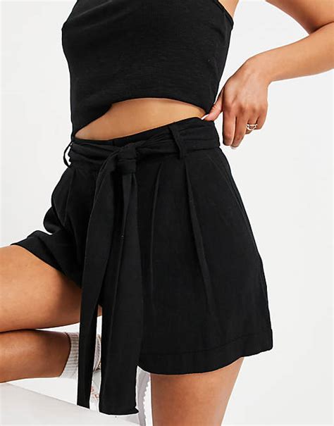 Asos Design Tie Waist Linen Shorts In Black Asos