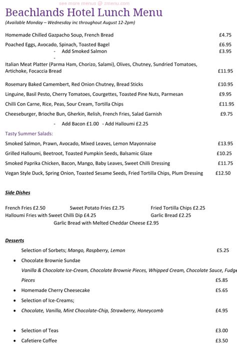 Online Menu Of Beachlands Hotel Restaurant Weston Super Mare United