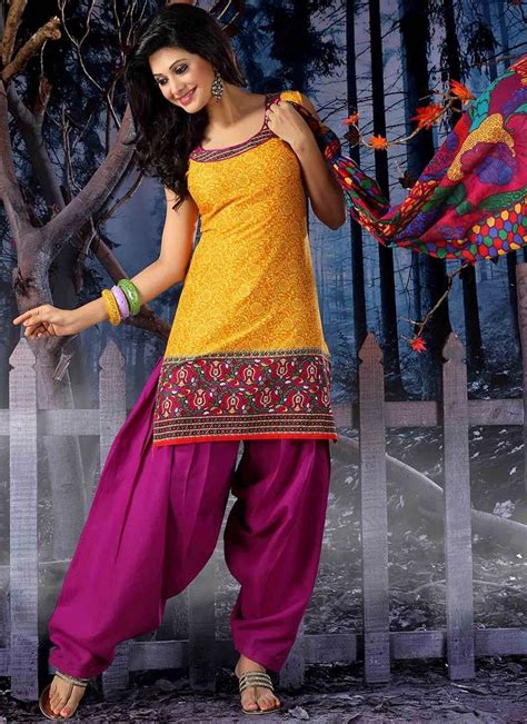 Yellow Cotton Semi Patiala Suit Salwar Suit Neck Designs Embroidery