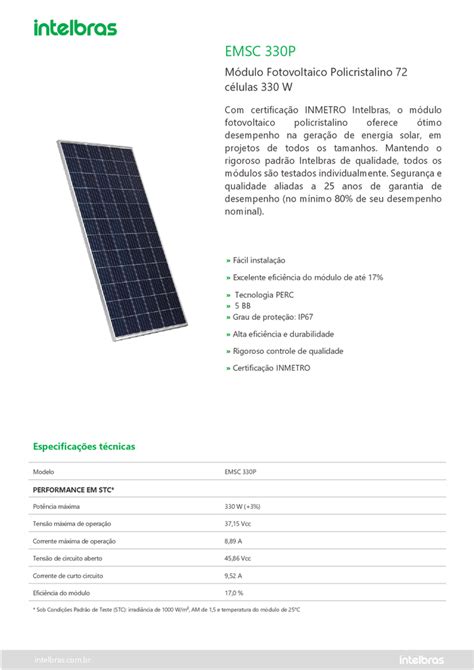 Modulo Fotovoltaico Policristalino 330W EMSC 330P Intelbras