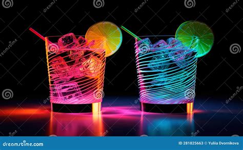 Glass Of Cocktail In Hypnotic Neon Light Colorful Rave Party Drink