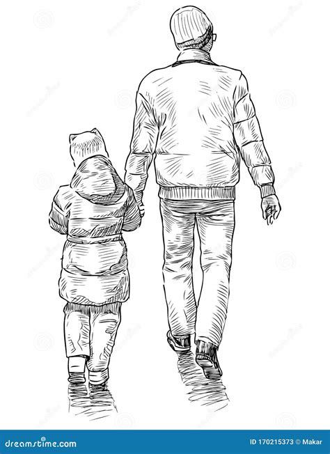 Disegno Di Un Padre Con La Sua Bambina Che Va A Fare Una Passeggiata