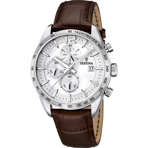 Festina Heren Zilver Timeless Chronograph Leer Horloge Armband F