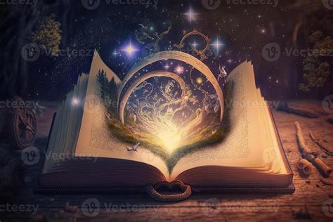 Open Magical Book With Glowing Lights Over Pages On Abstract Background