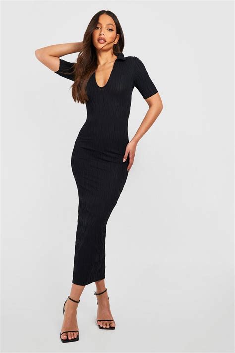 Womens Tall Wavy Texture Collar Plunge Midaxi Dress Boohoo Uk