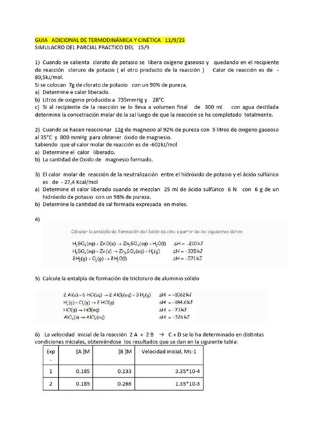 Guia Adicional De Termodinámica Y Cinética 11 Pdf Reacciones Químicas Calor