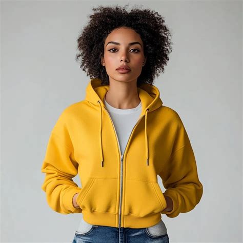 A Woman Wearing A Yellow Jacket With A White T Shirt That Says