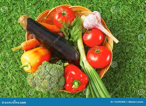 Variedade De Frutas E Legumes Frescas Em Uma Cesta Na Grama Foto De