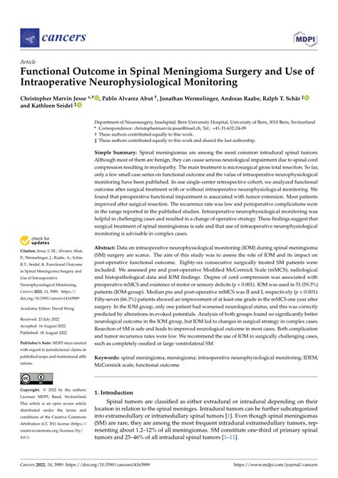 PDF Functional Outcome In Spinal Meningioma Surgery And Use Of