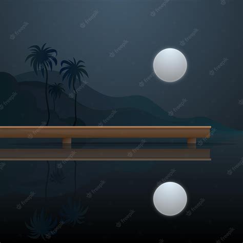 Premium Vector | Night lake with beautiful moon vector illustration