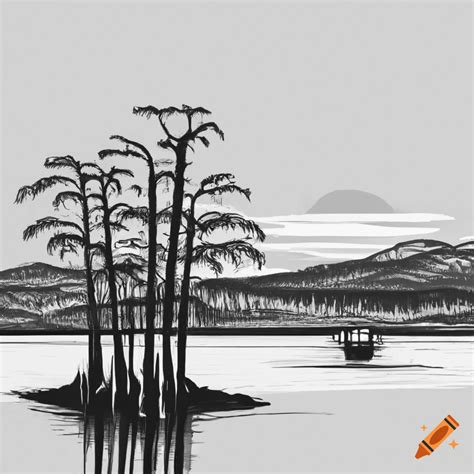 Black And White Line Art Of A Serene Landscape With Farmlands And Bald