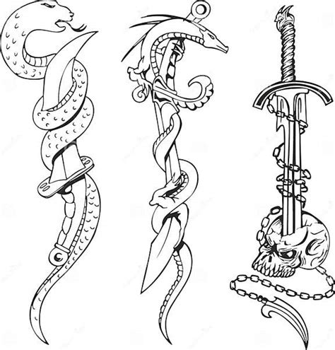 Tattoo Sketches With Snakes Daggers And Skull Stock Vector