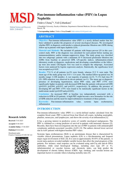 Pdf Pan Immune Inflammation Value Piiv In Lupus Nephritis Piiv As