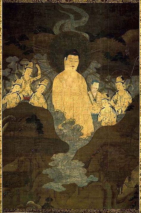 Amida Amitabha Coming Over The Mountain Hanging Scroll Color On