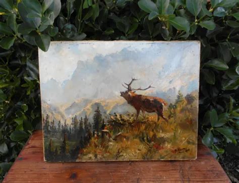 TABLEAU ANCIEN PEINTURE Huile Sur Toile HST Cerf Montagne Ecole De