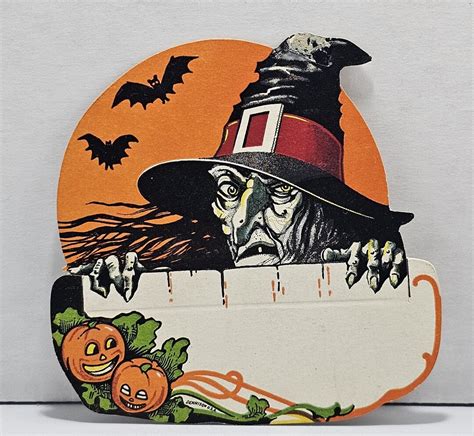 Antique Vintage Halloween Die Cut Dennison Deco Place Card Scary Witch Orange Moon Scarce Etsy