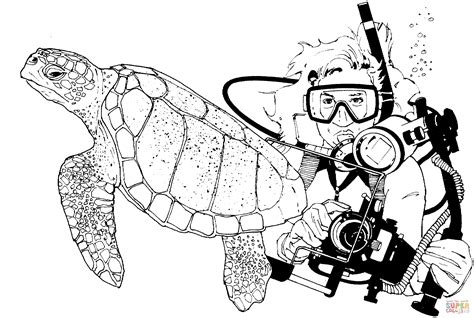 Green Sea Turtle and Scuba Diver coloring page | Free Printable ...