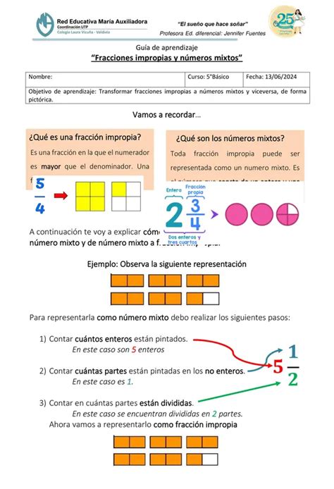 Guía de Fracciones Impropias y números mixtos profe social