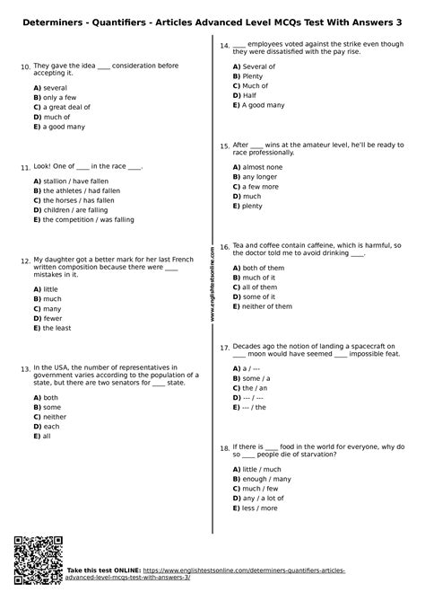 Solution Determiners Quantifiers Articles Advanced Level Mcqs Test