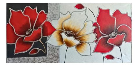 Cuadro Flores Rojas Oleo Sobre Lienzo Relieve 60x120cm Meses sin interés