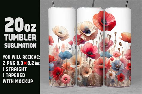 Watercolor Poppies 20oz Tumbler Wrap Graphic By Shipna2005 Creative