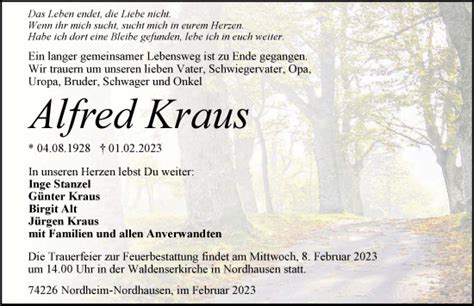 Traueranzeigen Von Alfred Kraus Trauerundgedenken De