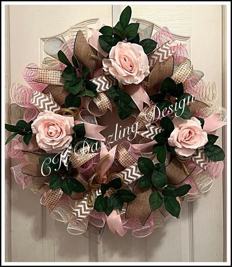 Elegant Soft Pink Rose Floral Deco Mesh Wreathpink Cream Etsy