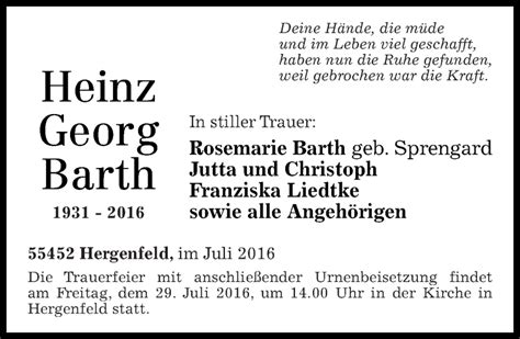 Traueranzeigen Von Heinz Georg Barth Rz Trauer De