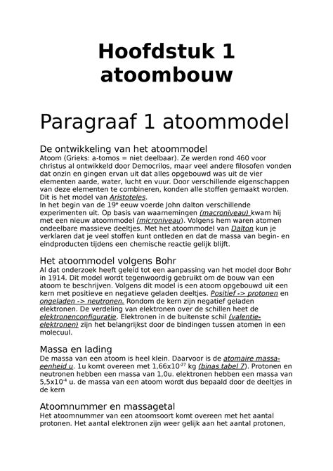 Hoofdstuk Atoombouw Samenvatting Scheikunde Hoofdstuk Atoombouw