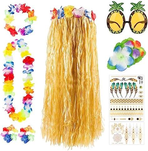 Fepito Set Hawaiian Herbe Hula Jupe Avec Fleur Leis Collier Bandeau