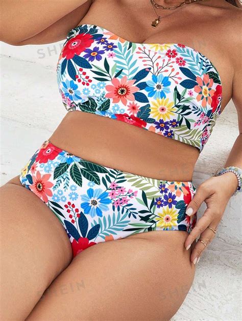 Shein Swim Curve Conjunto De Bikini De Estampado Tropical Y Talla