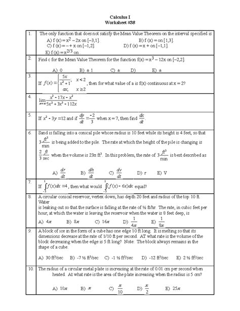 Ab Ws 038 Mvt Related Rates Calculus I Worksheet The Only Function That Does Not Satisfy The