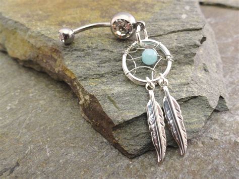 Amazonite Dream Catcher Belly Button Ring Silver Feather Belly Jewelry