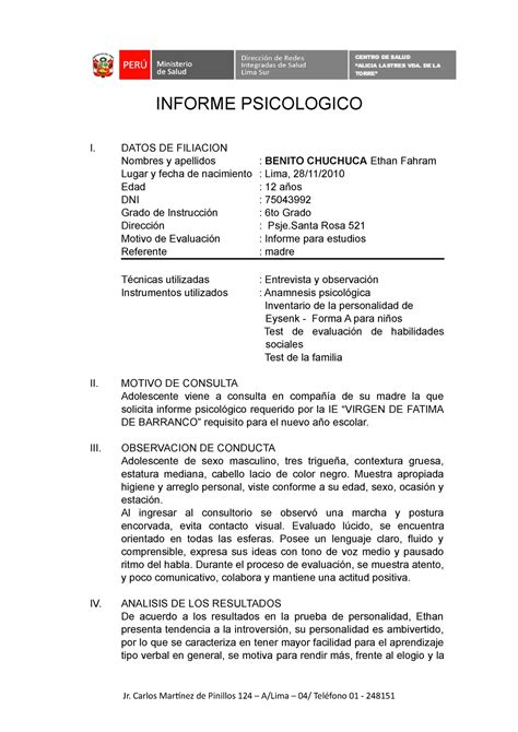 Informe Psicologico Colegio Informe Psicologico I Datos De Filiacion