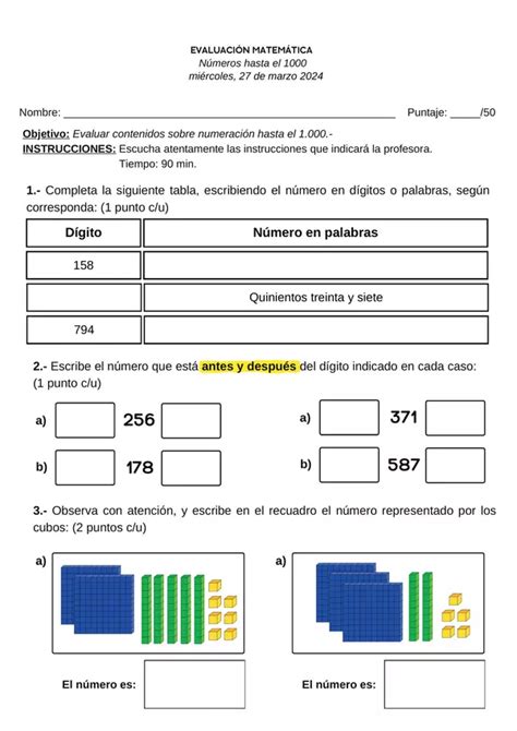 EVALUACIÓN NÚMEROS HASTA EL MIL profe social