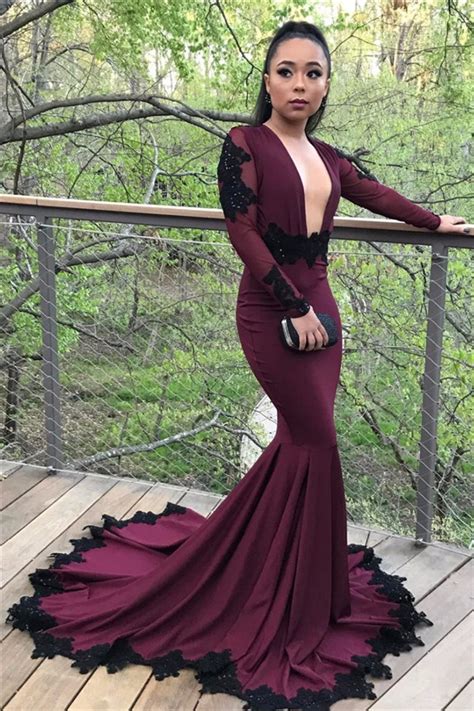 Sexy Mermaid Long Sleeves Prom Dresses Appliques Open Back Evening