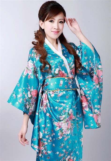 Classy Traditional Blue Japanese Kimono For Women With Floral Pattern