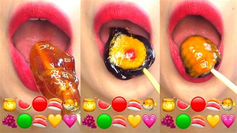 Asmr Emoji Food 🍯🍉🔴🍣🐡🍇🟢🍣💛💗 이모지 먹방 Eating Sounds Youtube