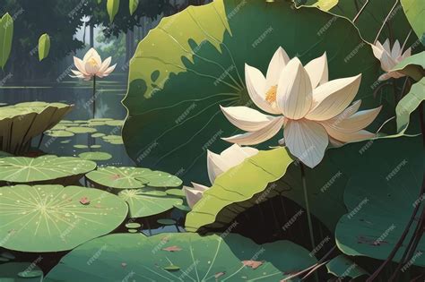 Premium AI Image | A painting of a lotus flower in a pond