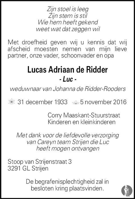 Lucas Adriaan Luc De Ridder 05 11 2016 Overlijdensbericht En