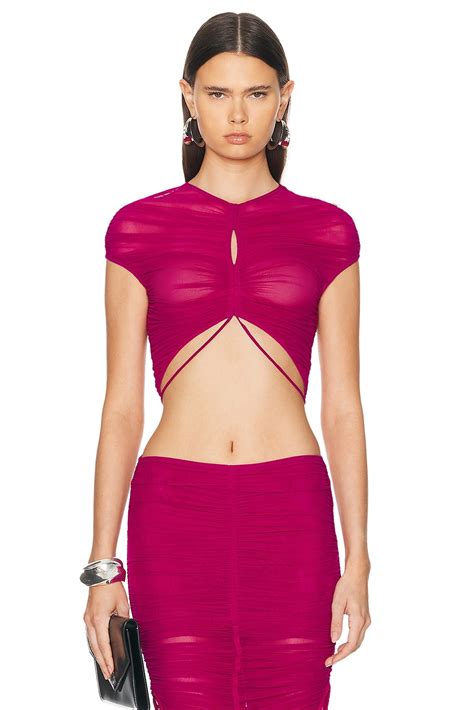 Mugler Mesh Crop Top In Magenta Fwrd